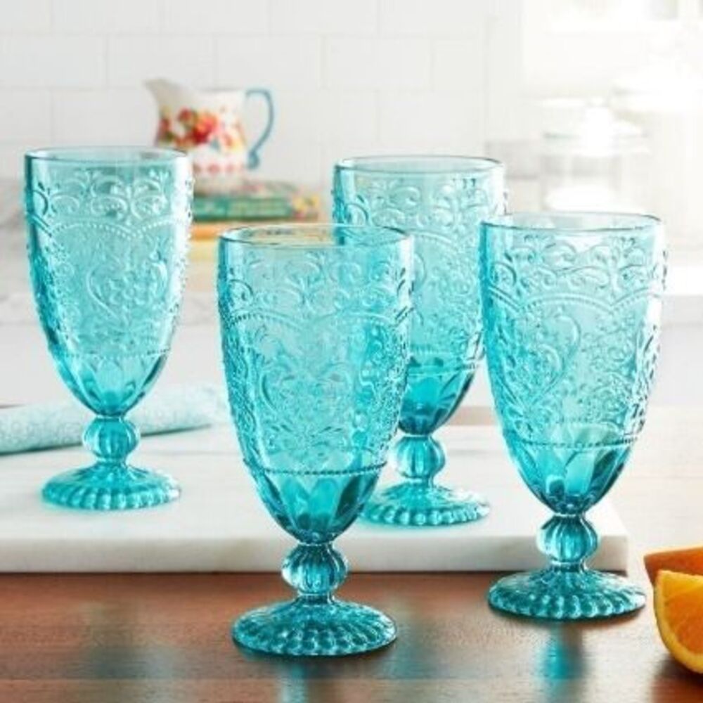 Pioneer Woman Amelia Glass Goblet Set 4pc with Embossed Design Teal 14.7oz New
